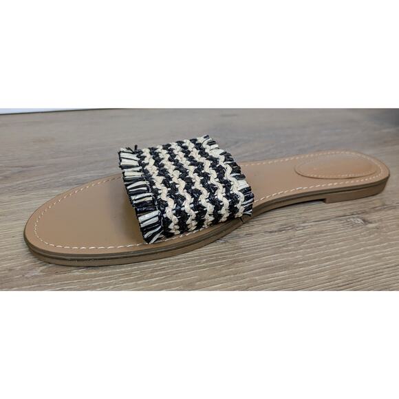 Nine West Cammie Slides Sandals 10 Black Cream Woven Raffia Island Tropical - Picture 2 of 12